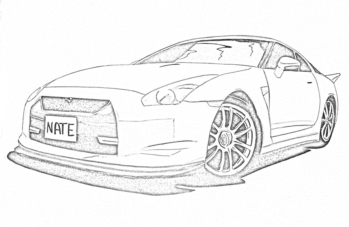 Раскраска автомобиля Nissan GT-R с номерным знаком NATE