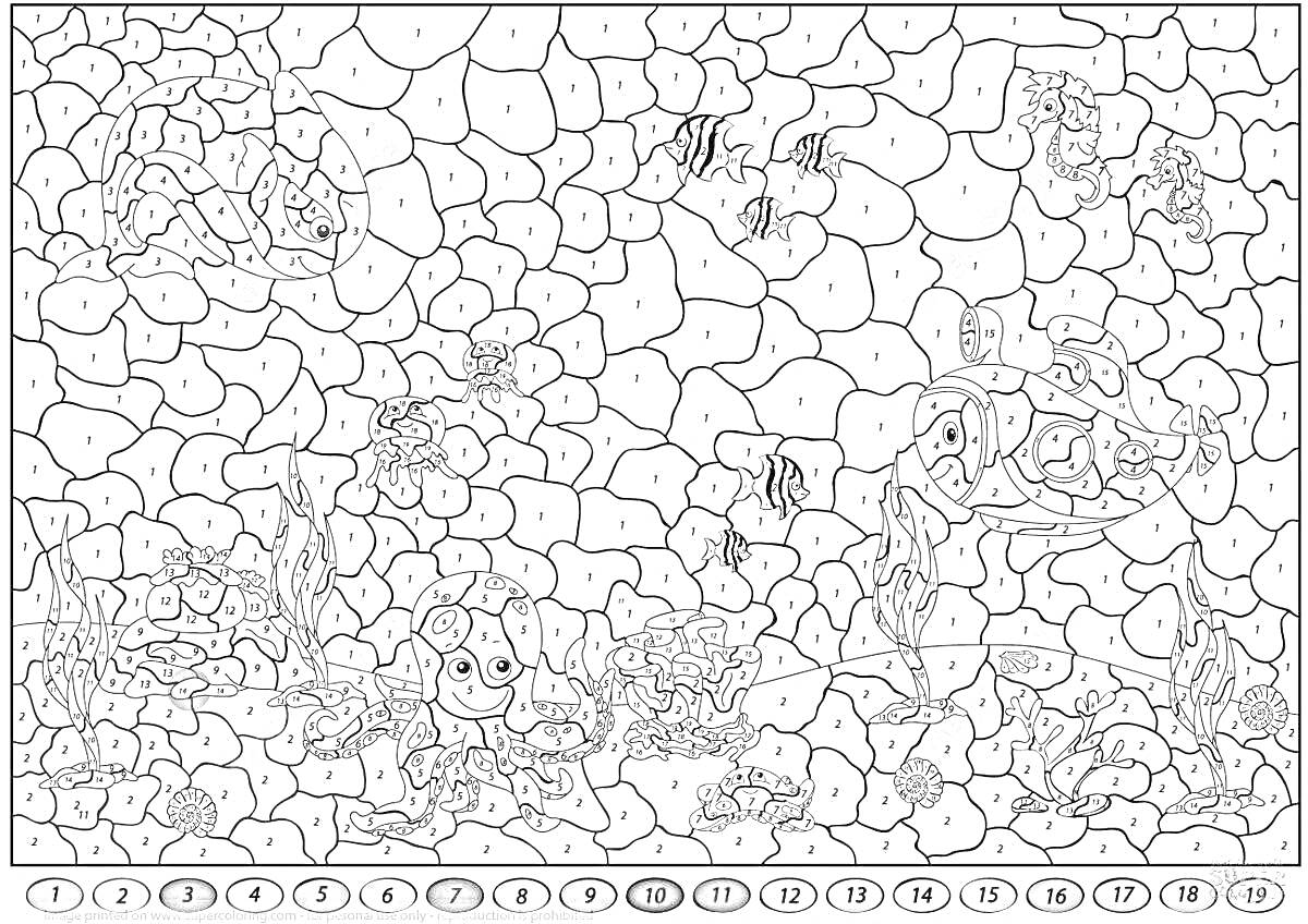 Раскраска Подводный мир, рыбы, кораллы, водоросли, морские существа