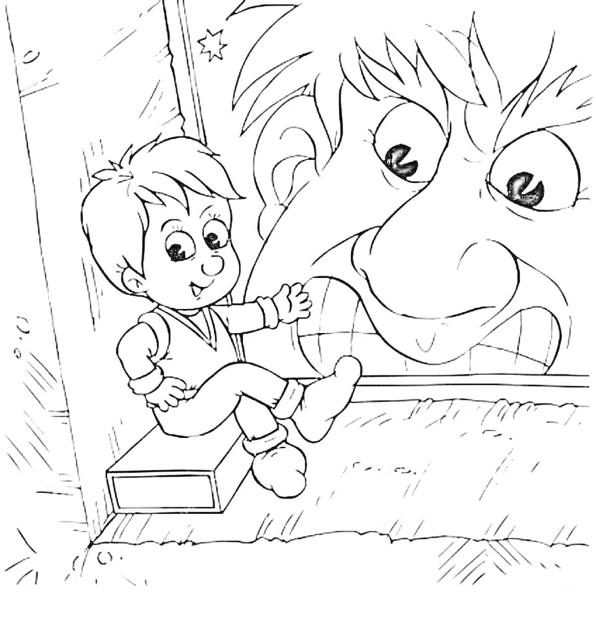 На раскраске изображено: Мальчик с пальчик, Шарль Перро, Великан, Малыш, Гигант, Иллюстрация