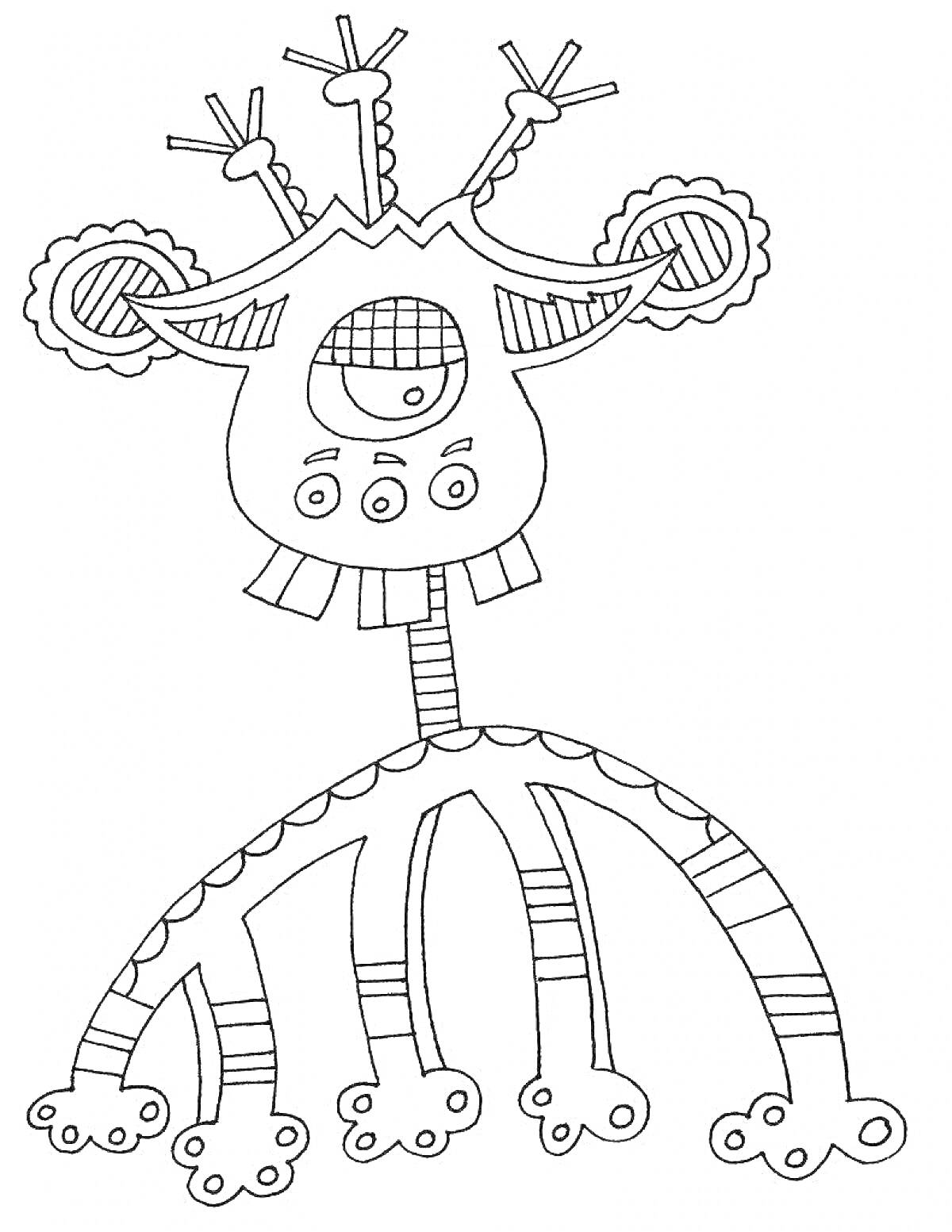 Раскраска Инопланетянин с шестью ногами, двумя антеннами и тремя глазами