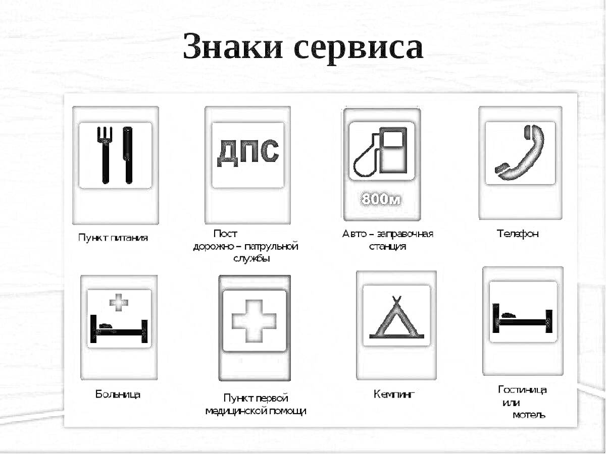 знаки сервиса: пункт питания, пост дорожно-патрульной службы, авто-заправочная станция, телефон, больница, пункт первой медицинской помощи, кемпинг, гостиница или мотель