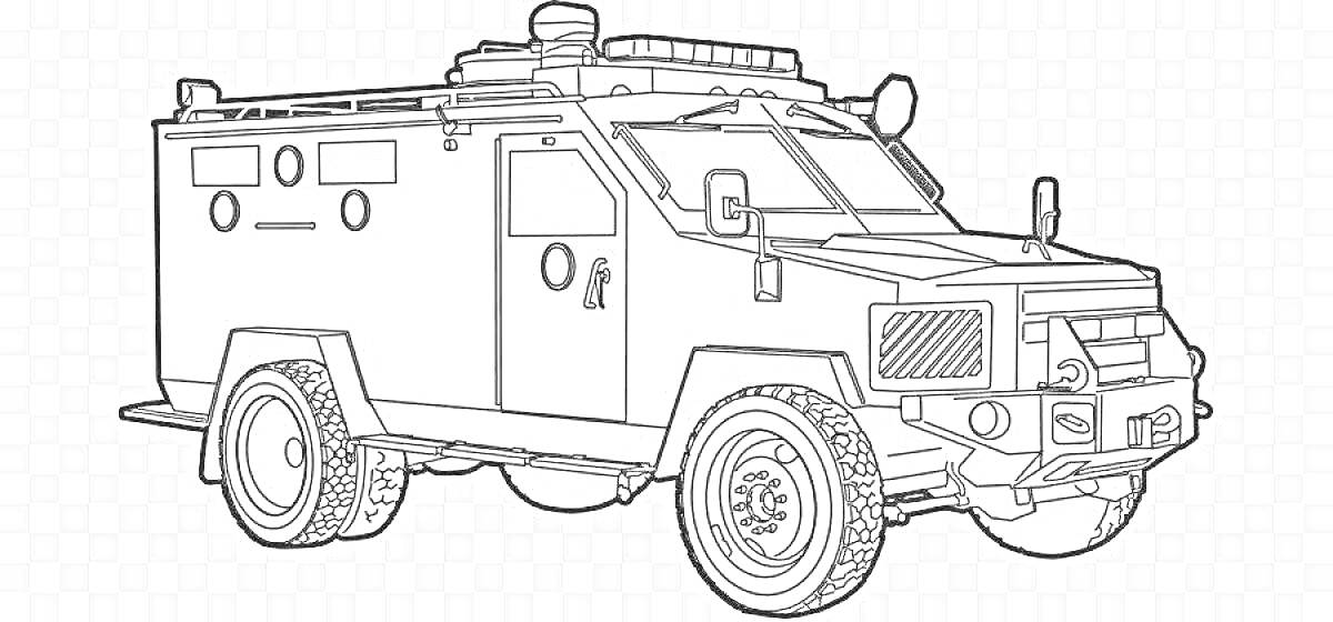 Раскраска Броневик с дополнительными защитными пластинами, выдвижными контурами на колёсах и защитными решётками на лобовых фарах