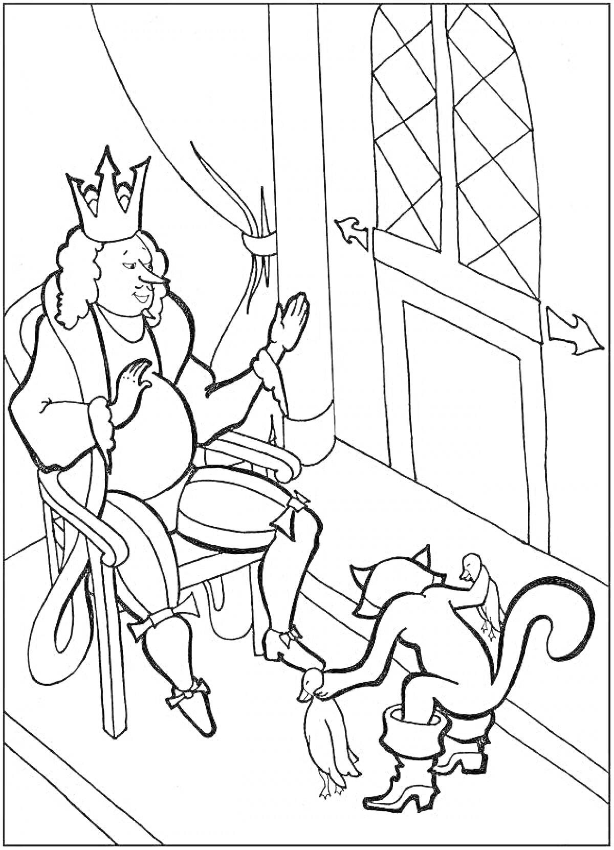 На раскраске изображено: Король, Трон, Кот в сапогах, Заяц, Шарль Перро, Дверь, Колонны, Окна