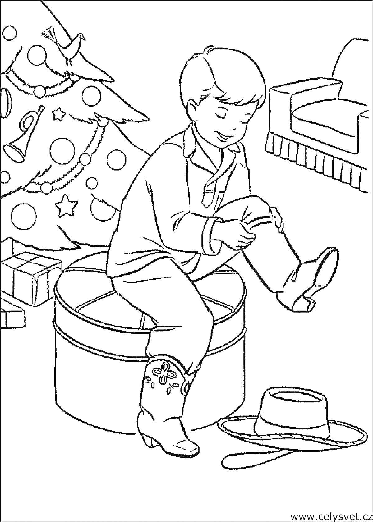 На раскраске изображено: Мальчик, Ковбойские сапоги, Рождественская елка, Подарки, Шляпа, Кресло