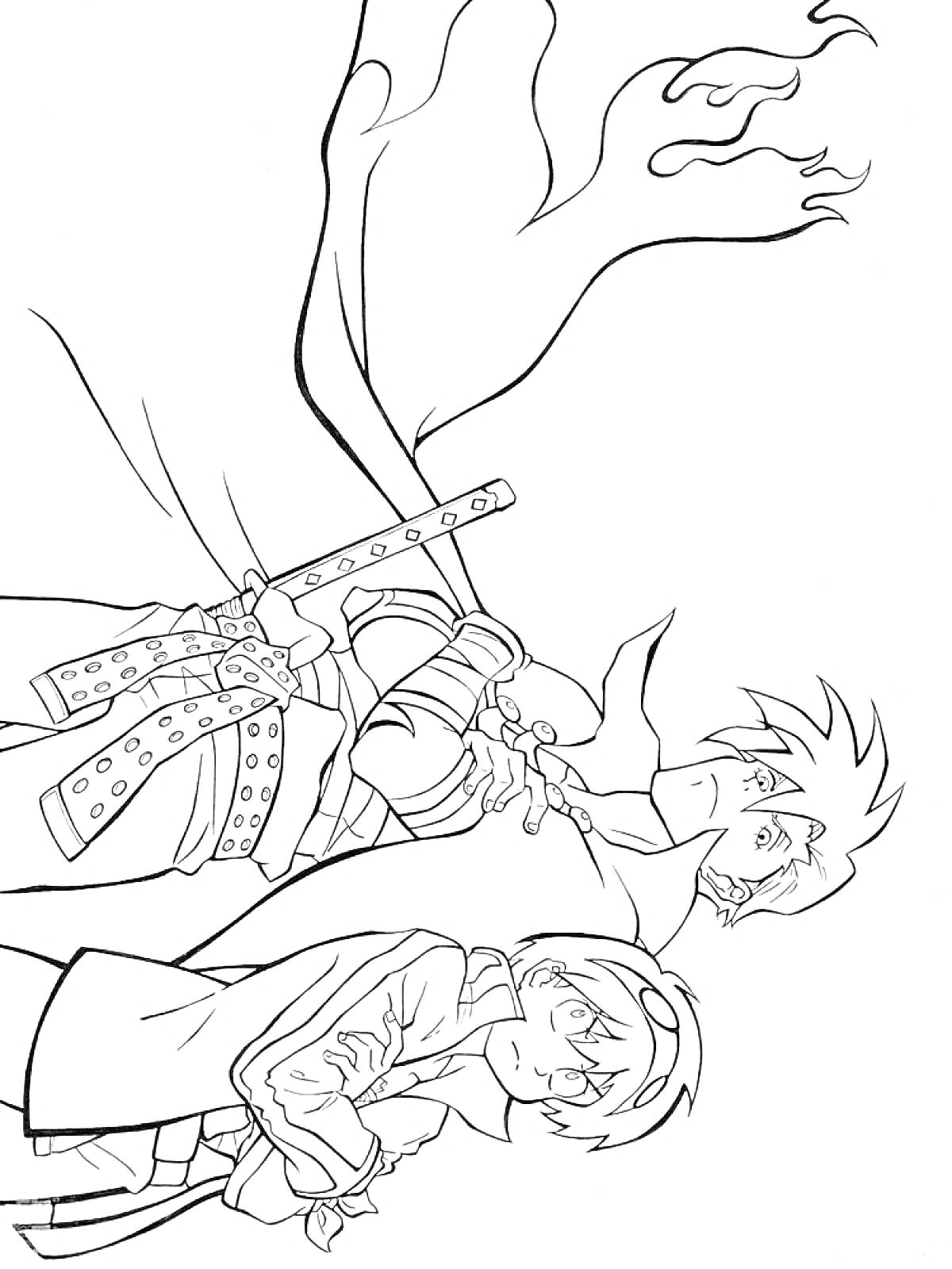 Раскраска Два персонажа из Гуррен-Лаганн, верхний держит катану в руке, у обоих развеваются одежды, на заднем плане видны линии, изображающие движение или ветер.