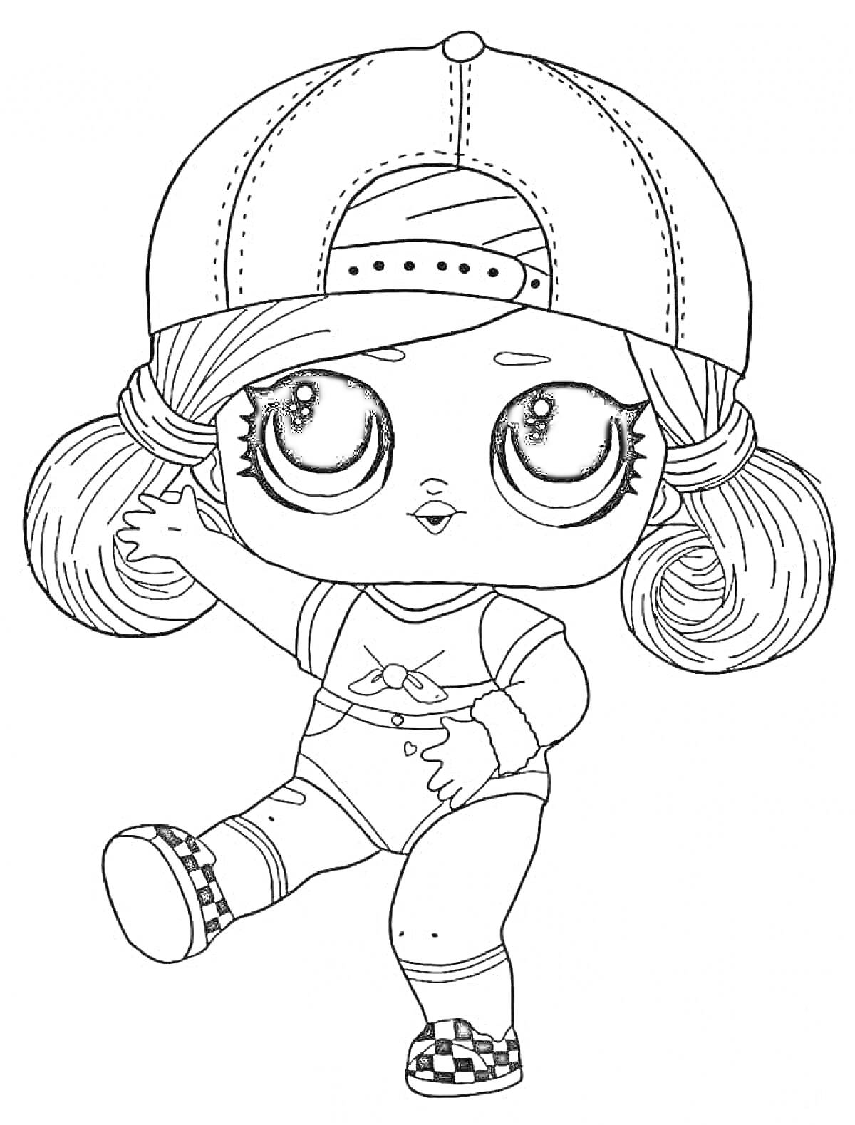 Раскраска Кукла ЛОЛ в кепке с двумя хвостиками, футболке и кроссовках