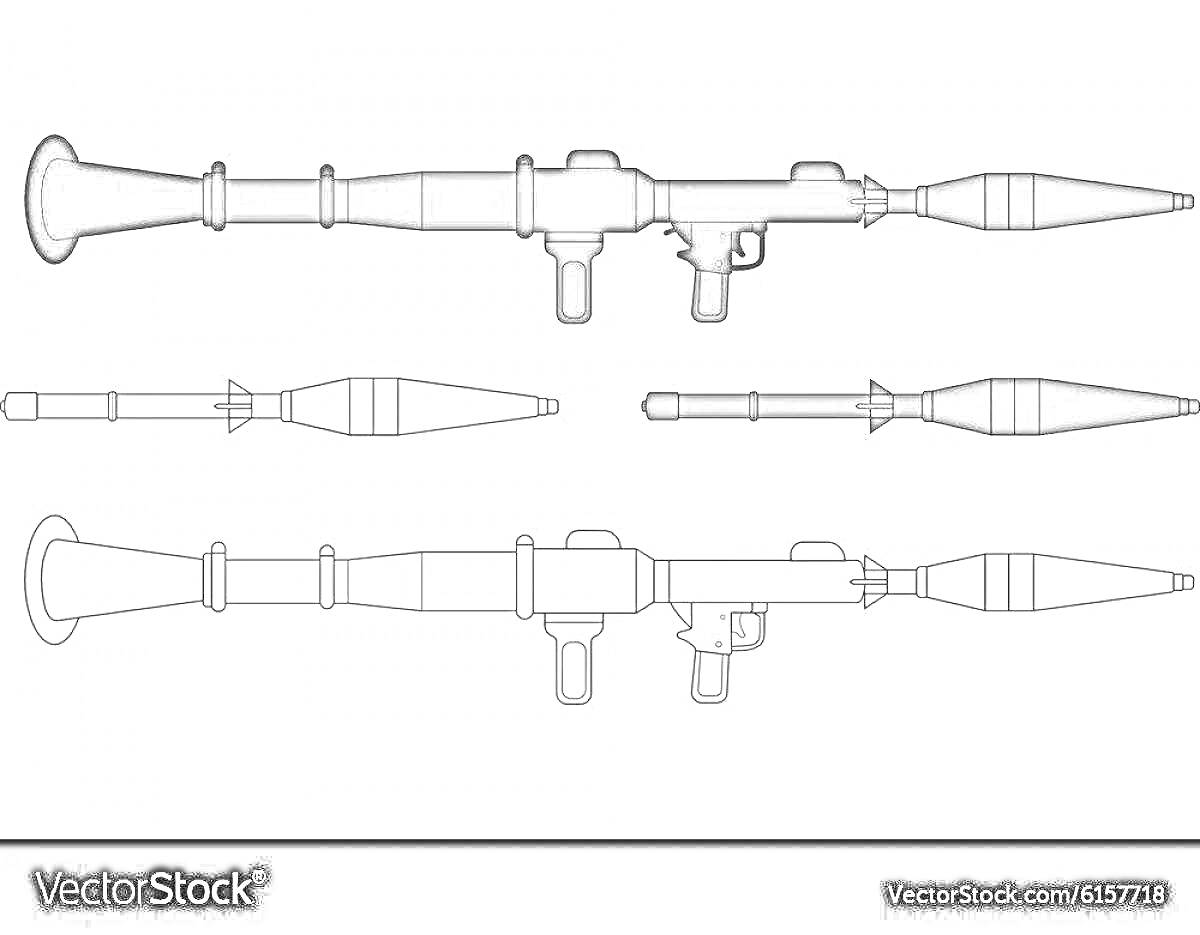 Раскраска Ручной противотанковый гранатомет с изображением двух видов снаряда