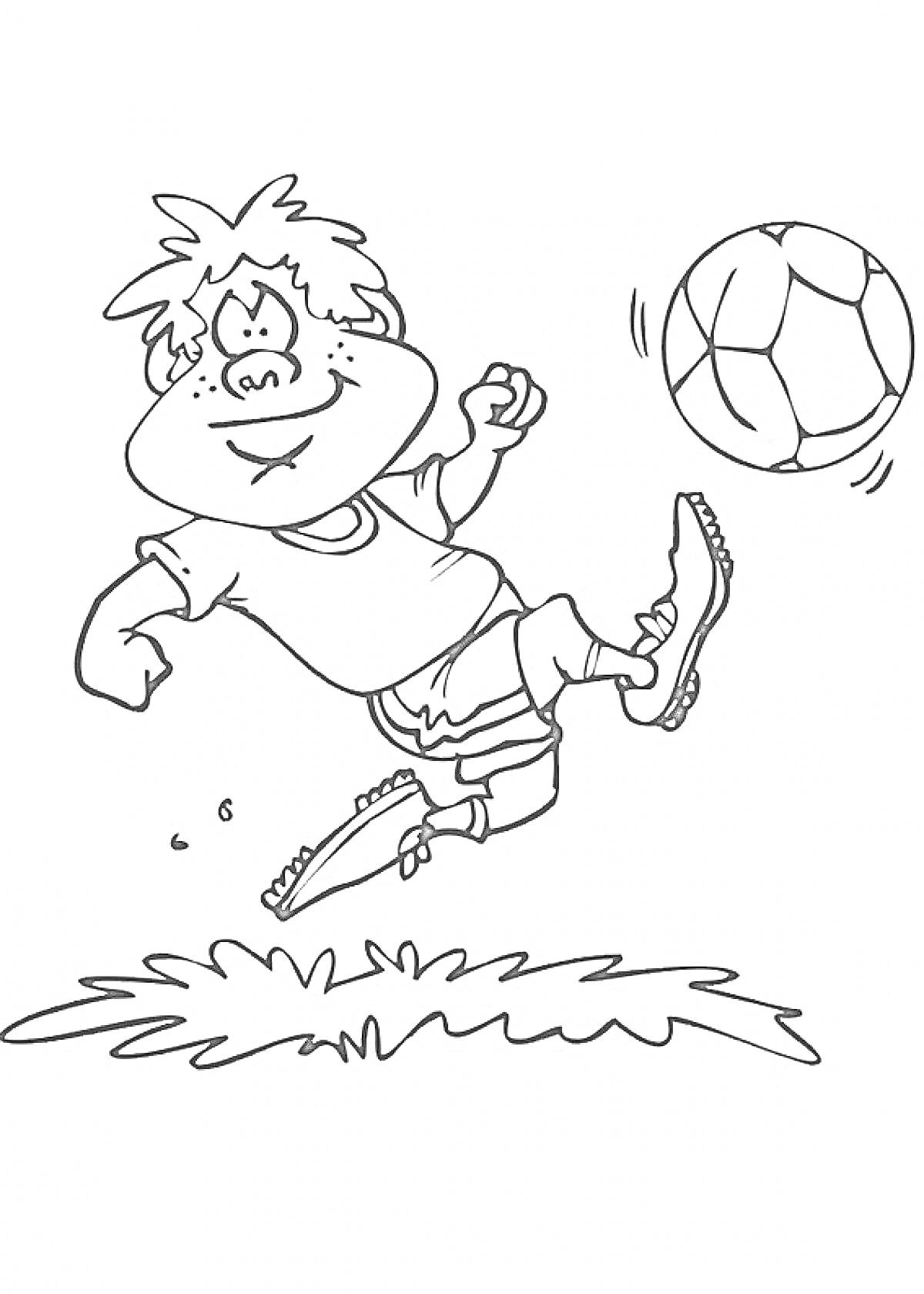 Раскраска Мальчик в футболке и шортах бьет по футбольному мячу на траве