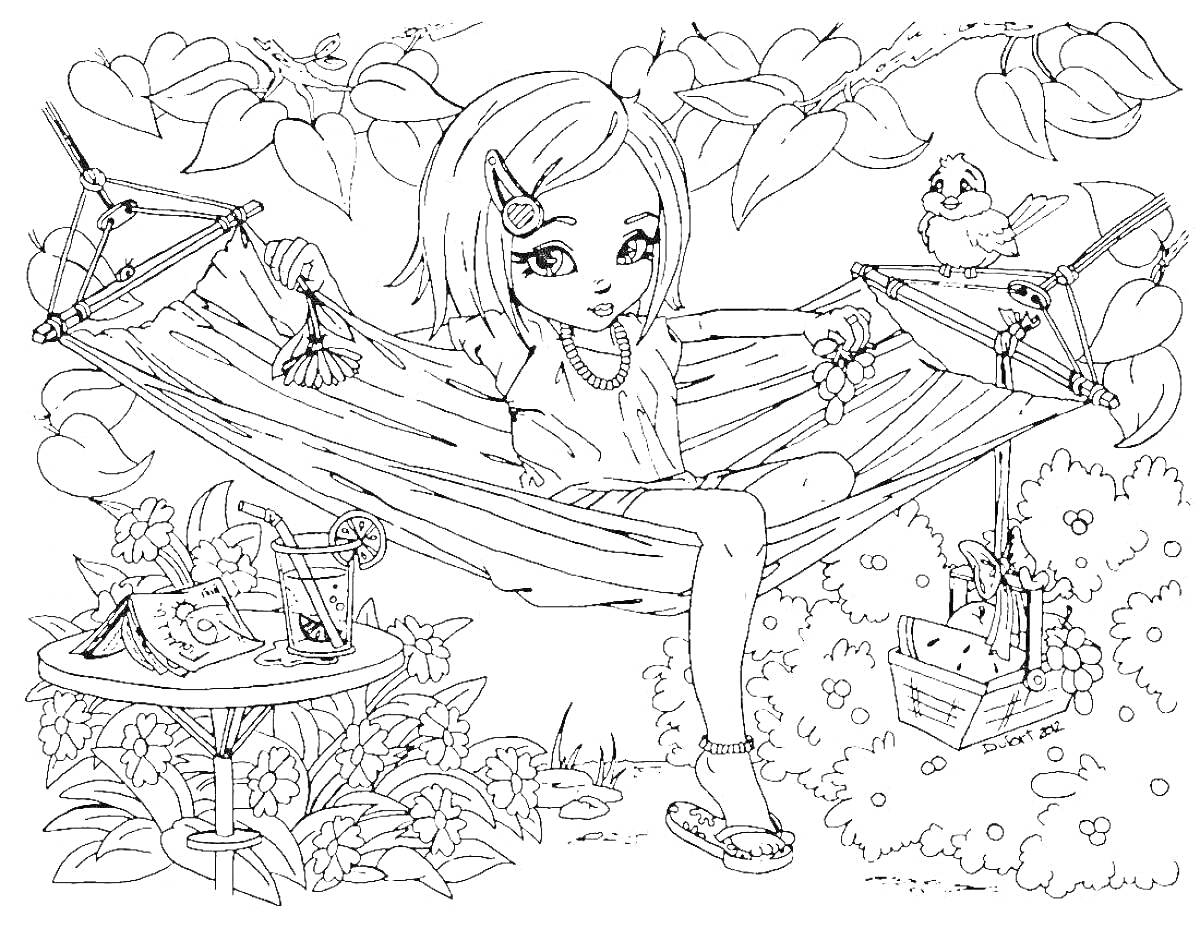 Раскраска Девочка в гамаке со столиком и птичкой