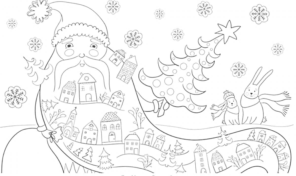 На раскраске изображено: Дед Мороз, Новый год, 2023, Борода, Заяц, Шарф, Снежинки, Звезды