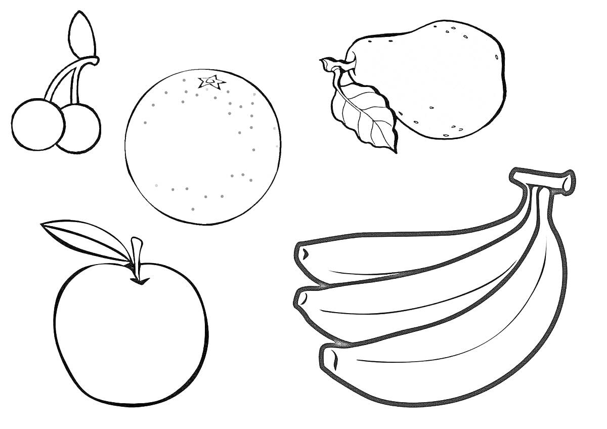 Раскраска Вишня, апельсин, манго, яблоко, банан