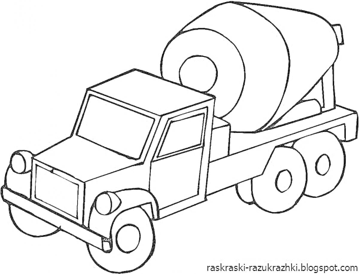 Раскраска Бетономешалка с цистерной, кабиной и колесами на раскраске
