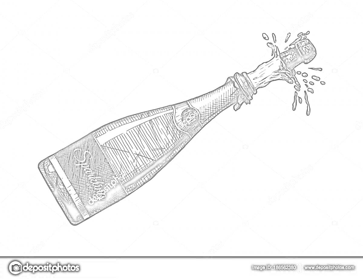 На раскраске изображено: Бутылка, Шампанское, Пробка, Брызги, Алкоголь, Напиток, Веселье