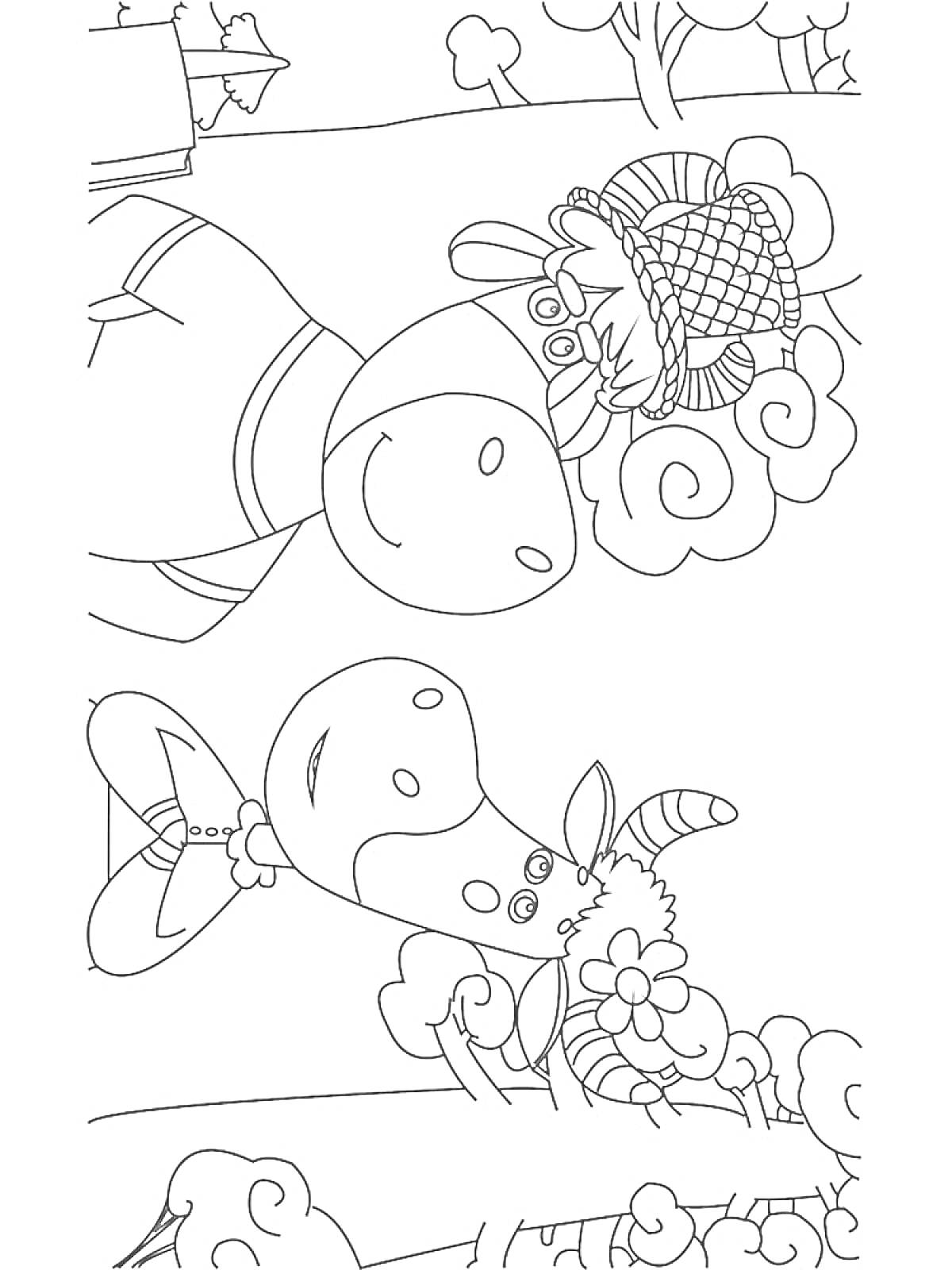 Раскраска Буренка Даша и баран на дереве с плетеной корзиной, Буренка Даша в платье и бантике