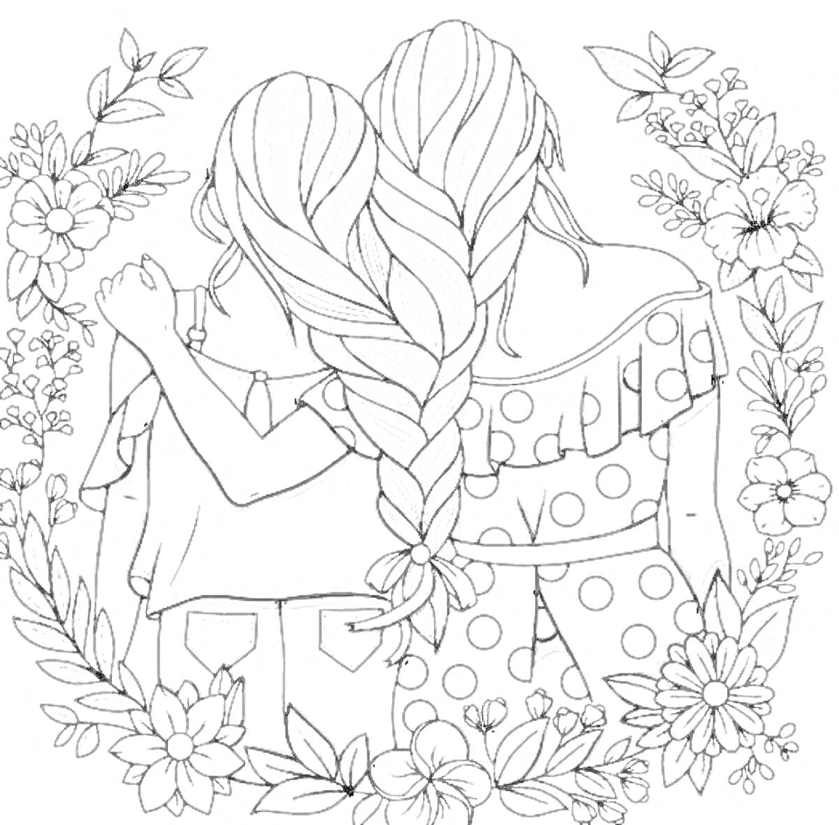 Раскраска Две девочки с косами в окружении цветов