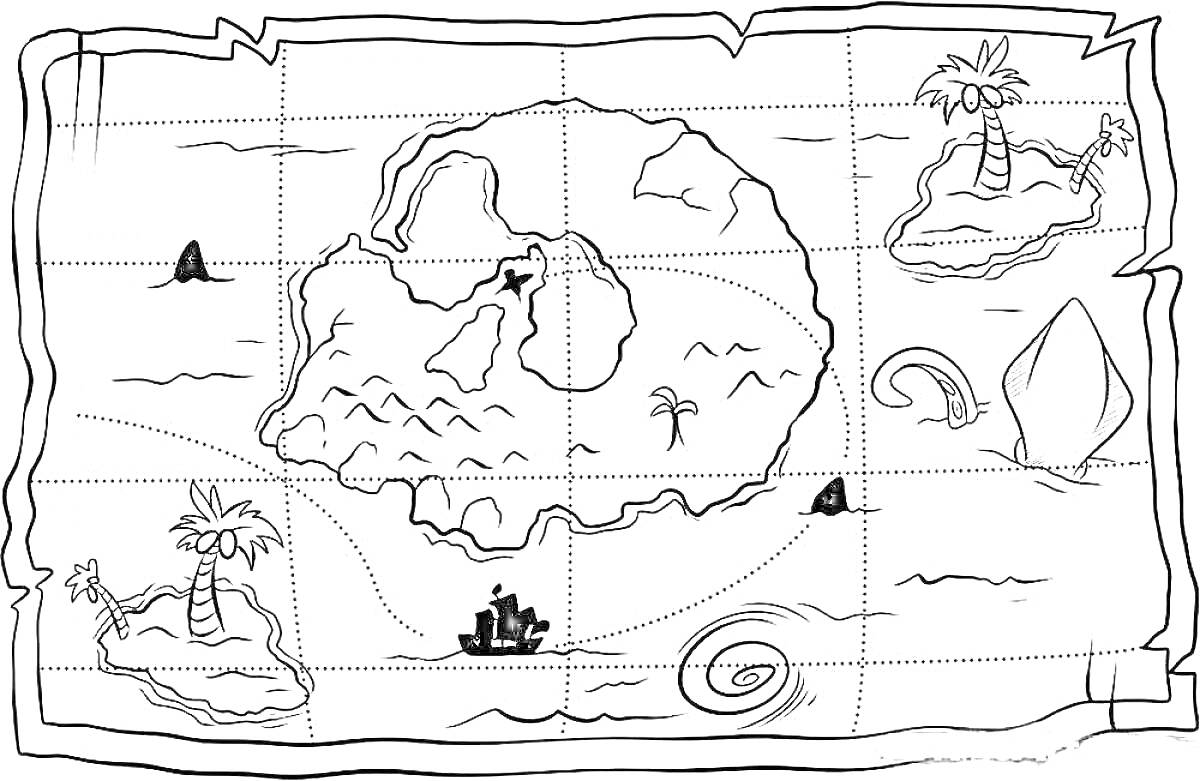 Раскраска Карта сокровищ с пиратским островом в форме черепа, пальмами, кораблем, змеем моря, плавающими акулами и кораблем