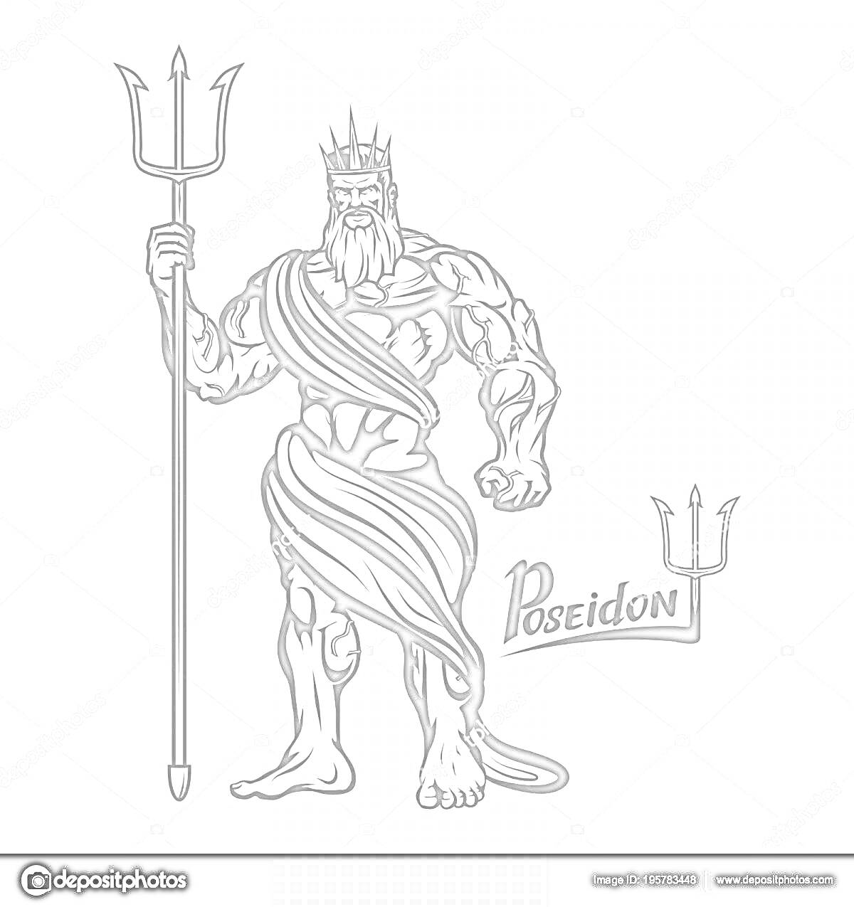 Раскраска Греческий бог Посейдон с трезубцем в руке, короной на голове, мощной фигурой и надписью 