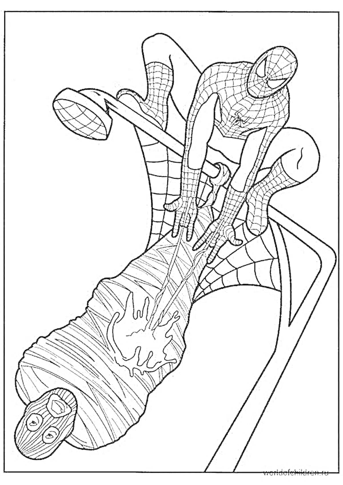 Раскраска Человек-Паук с рождественской паутиной, связывающий злодея