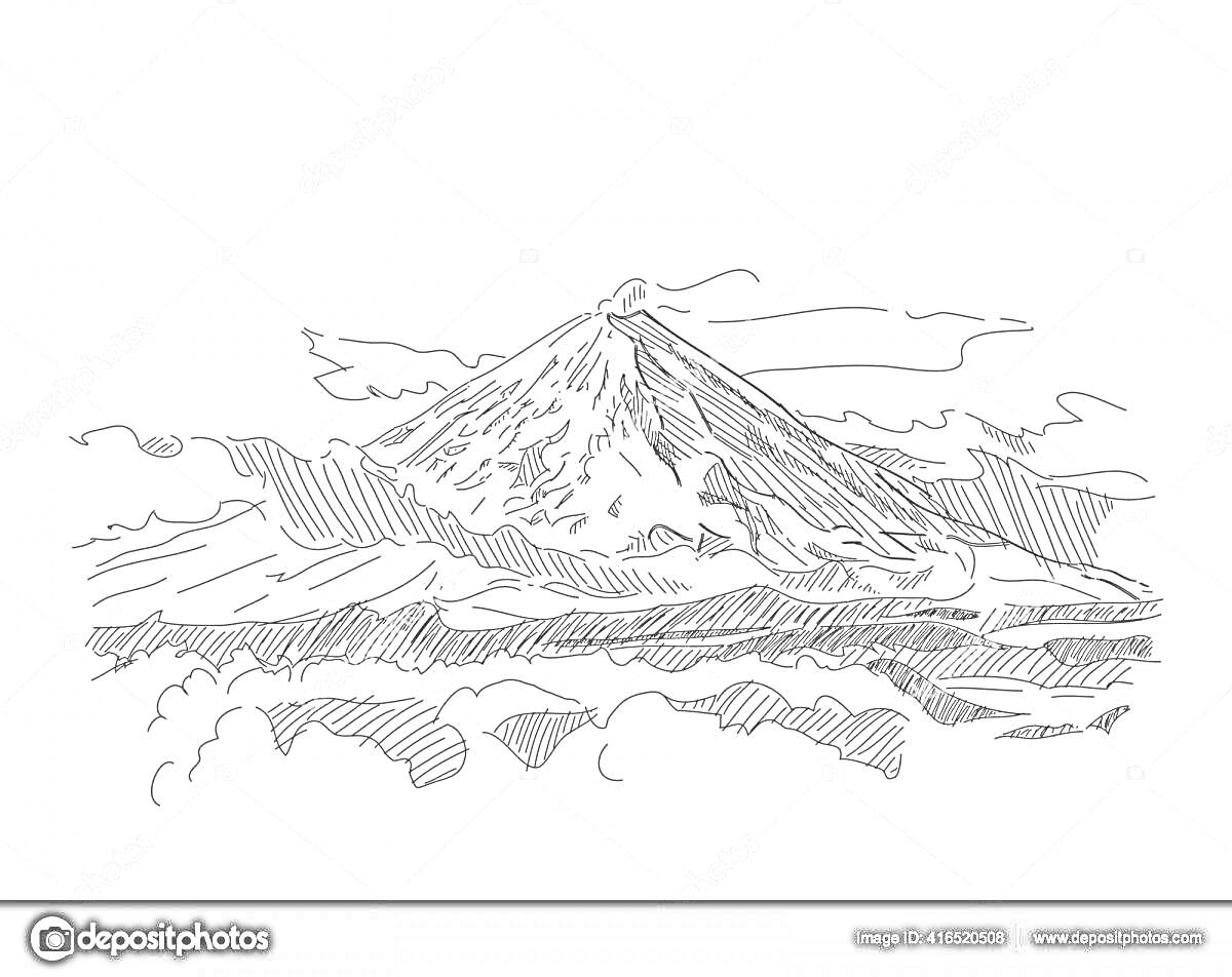 На раскраске изображено: Вулкан, Облака, Горы, Природа, Пейзаж