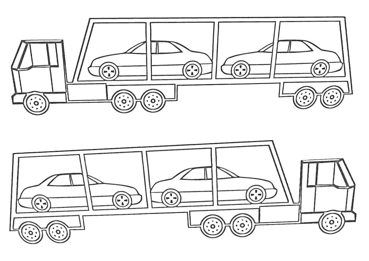 Грузовой автомобиль с платформой для перевозки легковых автомобилей и прицепом, перевозящим три легковых автомобиля