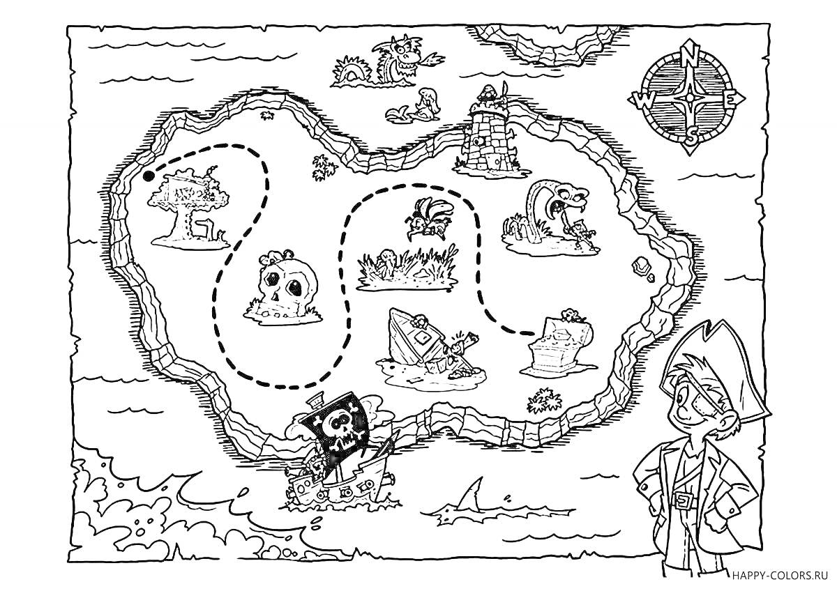 На раскраске изображено: Клад, Карта сокровищ, Остров, Пиратский флаг, Компас, Сокровища, Череп, Древние руины, Море