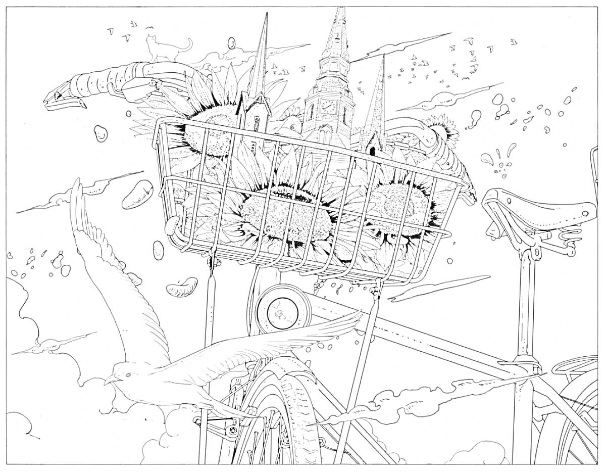 На раскраске изображено: Велосипед, Корзина, Подсолнухи, Достопримечательности, Архитектура, Небо, Европа