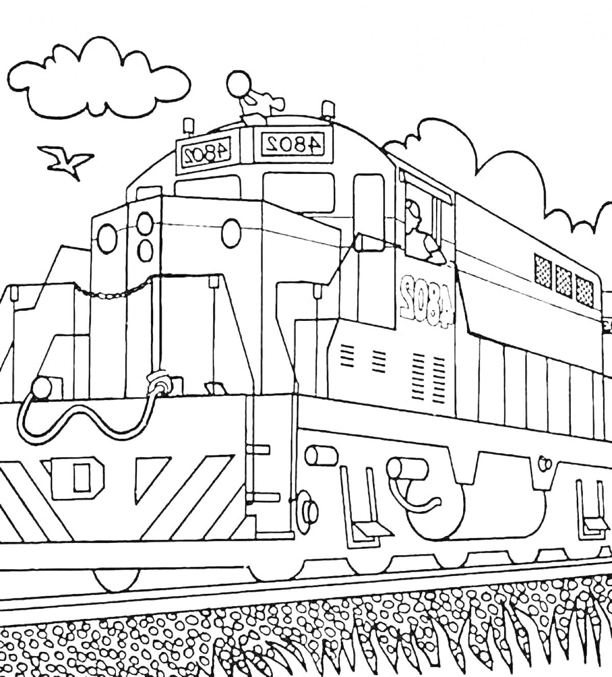 Раскраска Большой поезд на железной дороге, человек в кабине, облака, птица