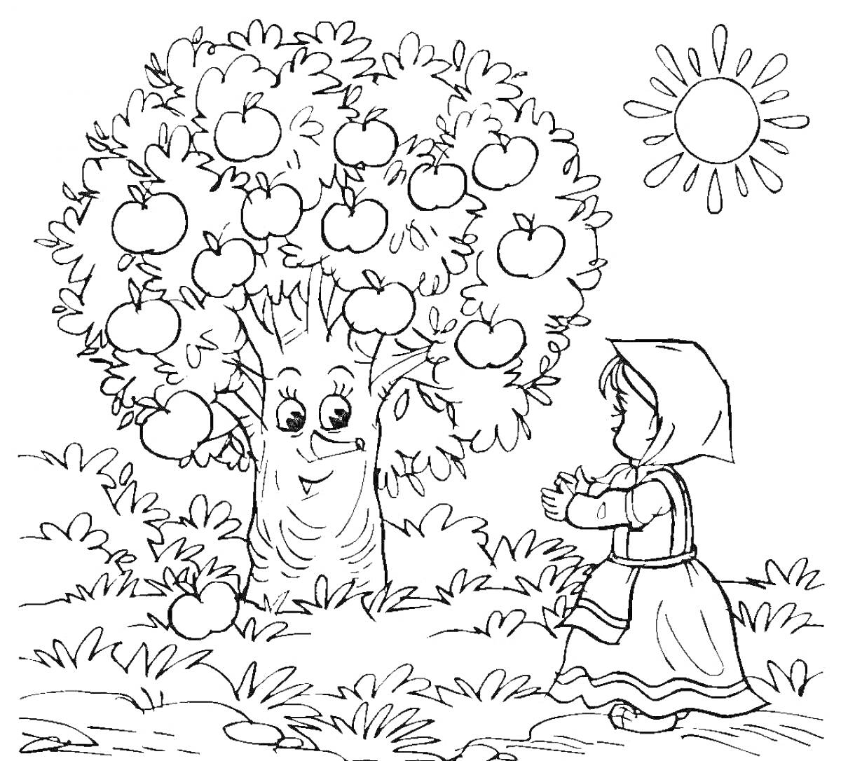На раскраске изображено: Яблоня, Солнце, Трава, Природа