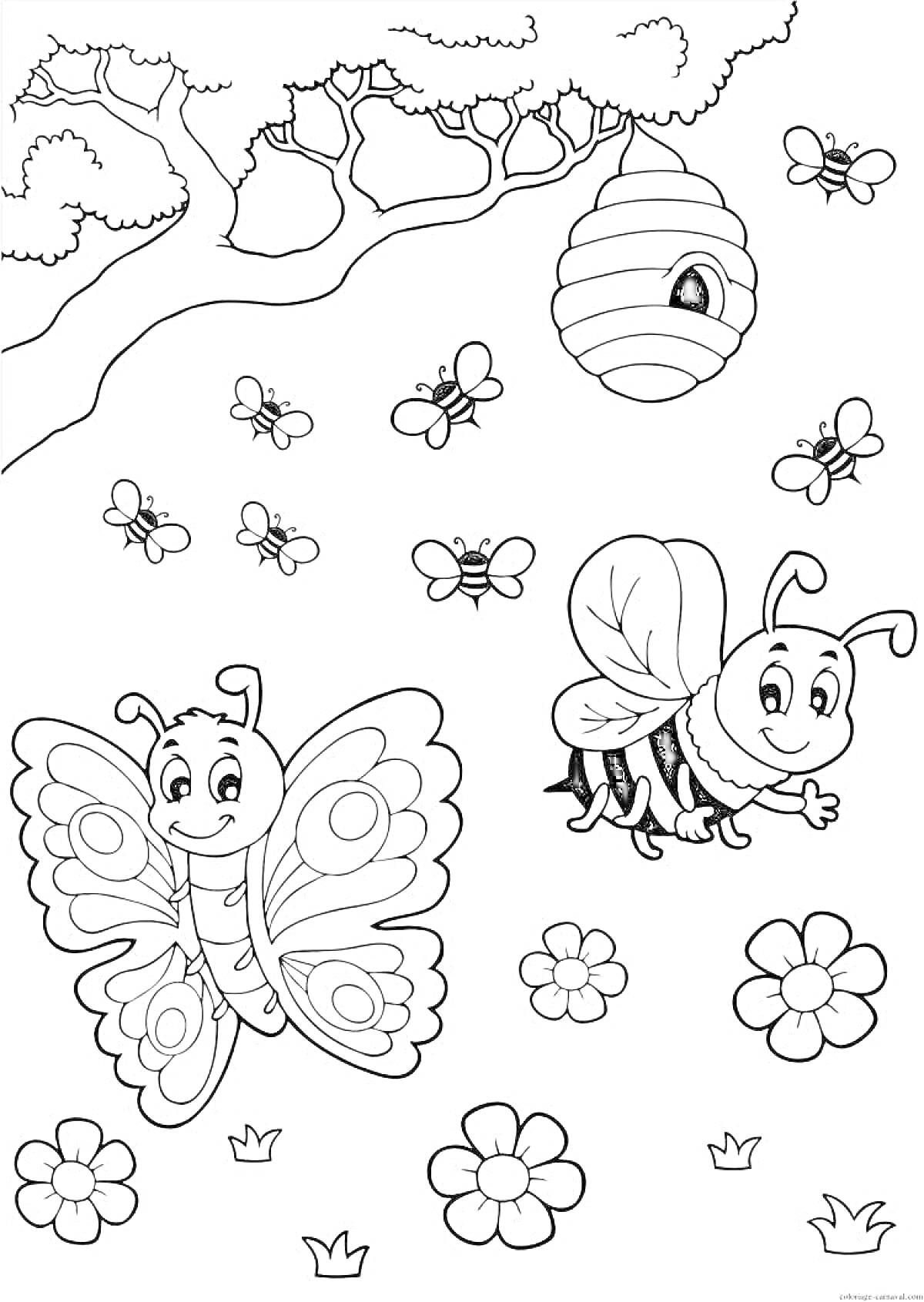 Раскраска бабочка, пчела, улей на дереве, цветы, маленькие пчелы, дерево