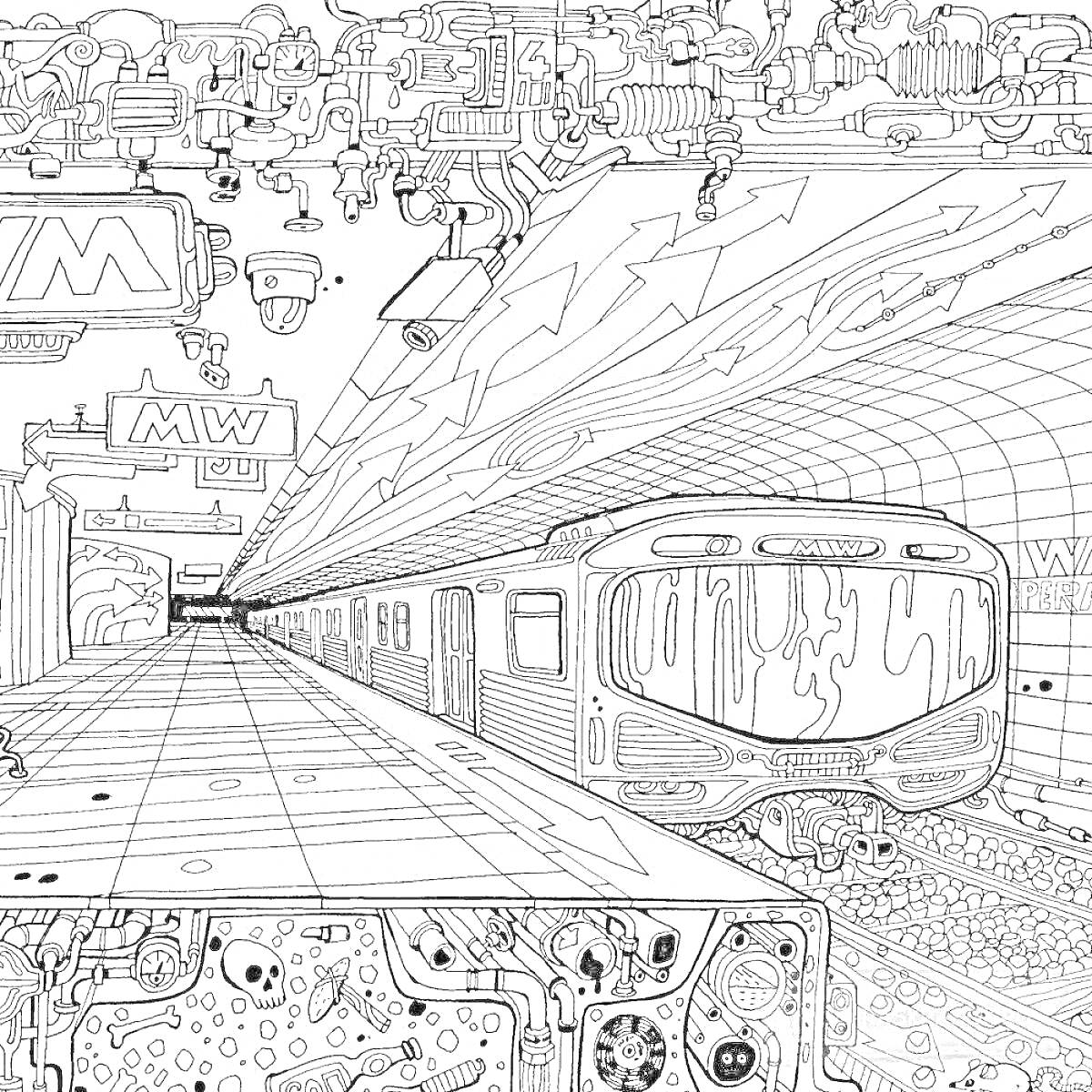 Метро поезд приближается к платформе, элементы: поезд, платформа, туннель, трубы, арки, вывеска 
