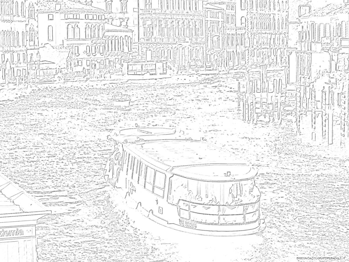 На раскраске изображено: Венеция, Канал, Здания, Вода, Архитектура, Окна, Набережная, Италия