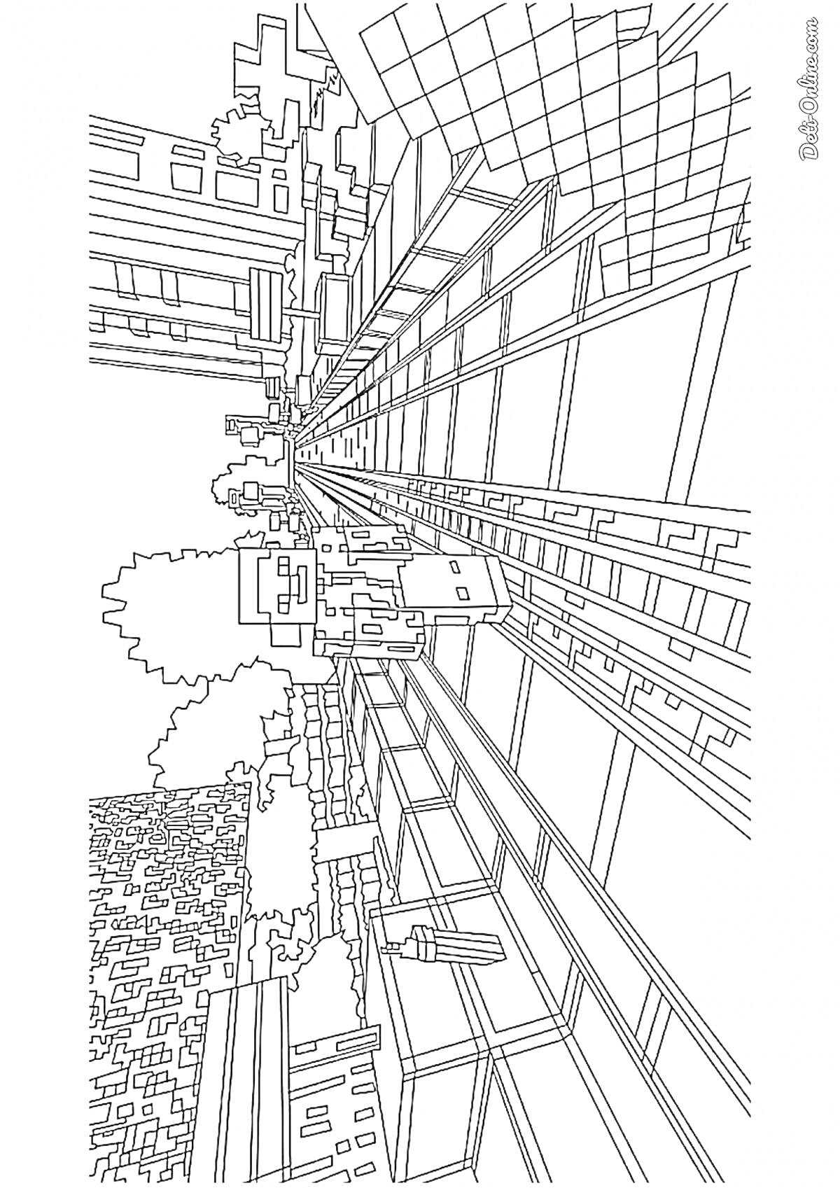 Раскраска Город Майнкрафт с многоэтажными зданиями, деревьями и тротуарами