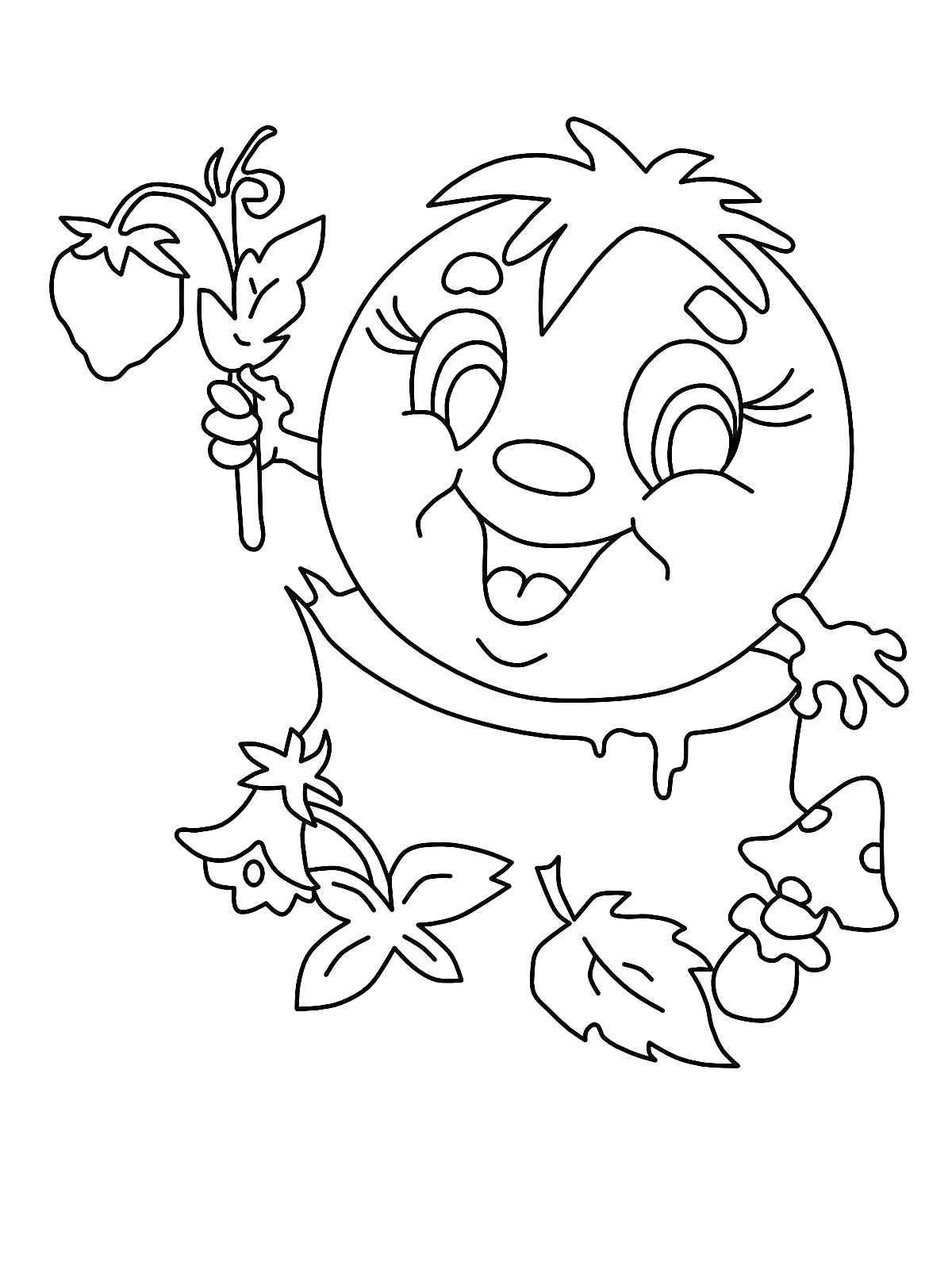Раскраска Колобок с клубникой, листьями, цветком и грибом