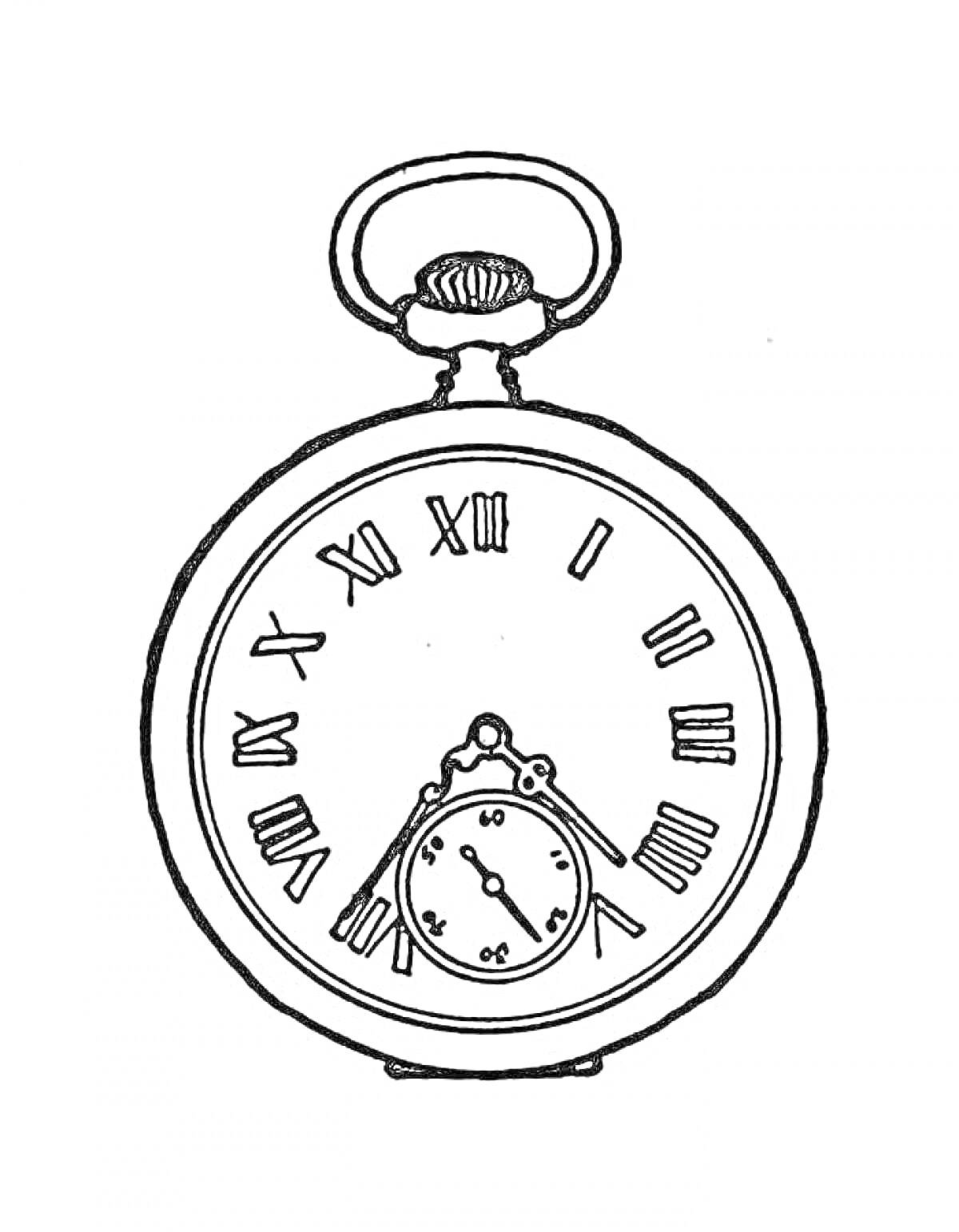 На раскраске изображено: Карманные часы, Римские цифры, Циферблат, Время, Круглая форма, Антиквариат