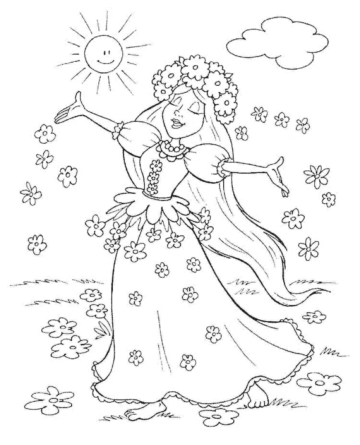 На раскраске изображено: Цветочный венок, Платье, Цветы, Солнце, Природа, Весна, Радость, Для детей, Облака, Девочка