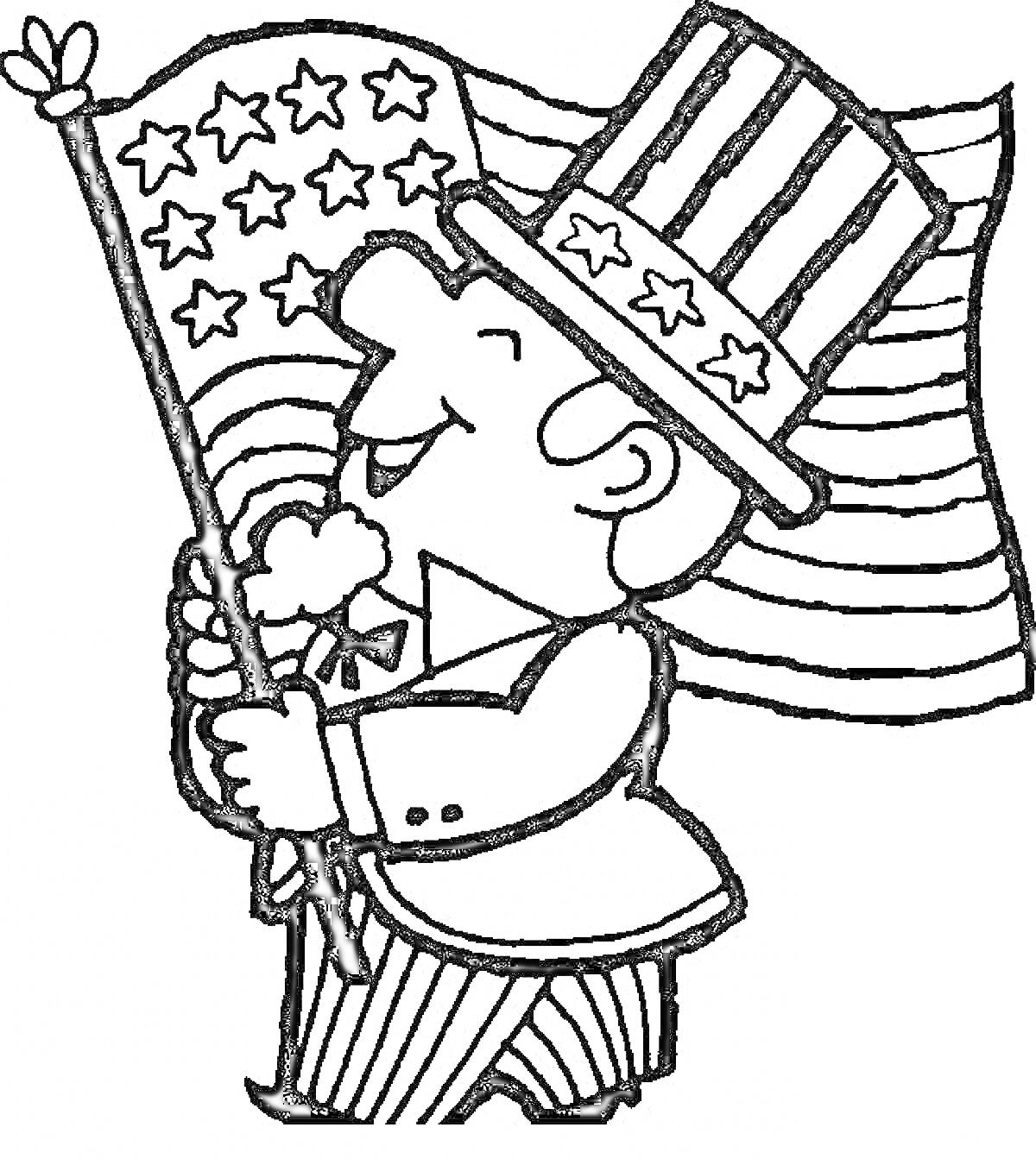 На раскраске изображено: США, Флаг, Патриотизм, Шляпа, Американский флаг, Праздники