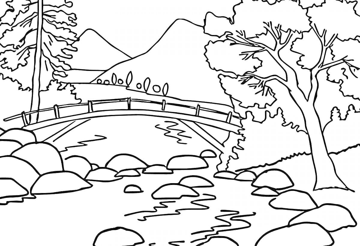 На раскраске изображено: Речка, Мост, Деревья, Камни, Горы, Природа, Пейзаж