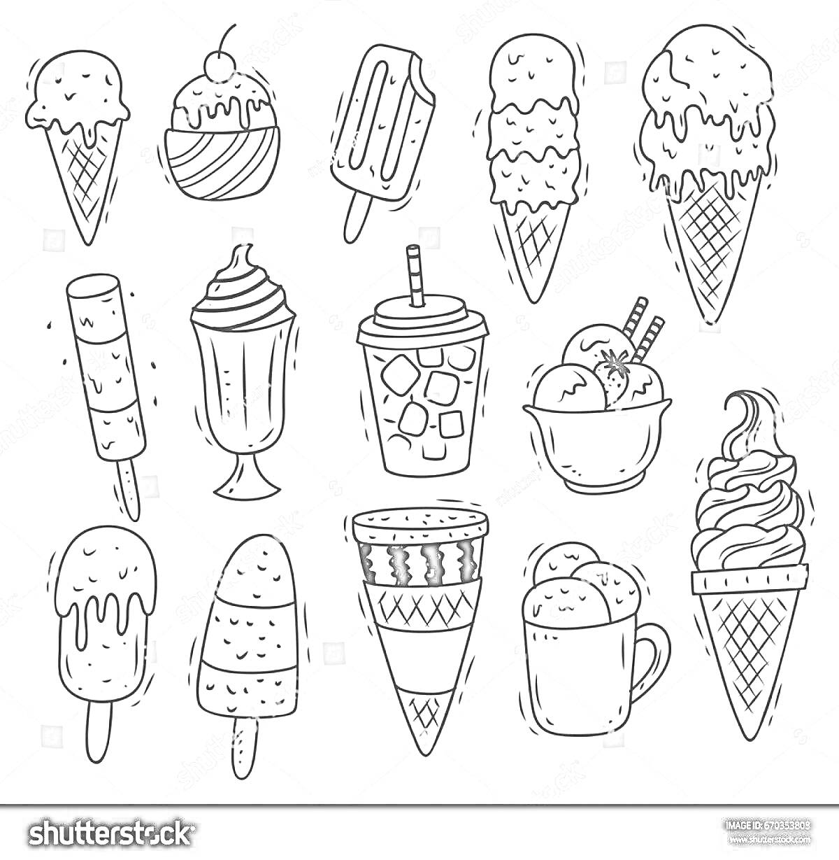 Раскраска Мороженое в вафельных рожках, эскимо на палочке, стакан с коктейлем и соломинкой, кружка с напитком, мороженое в стакане, мороженое в креманке