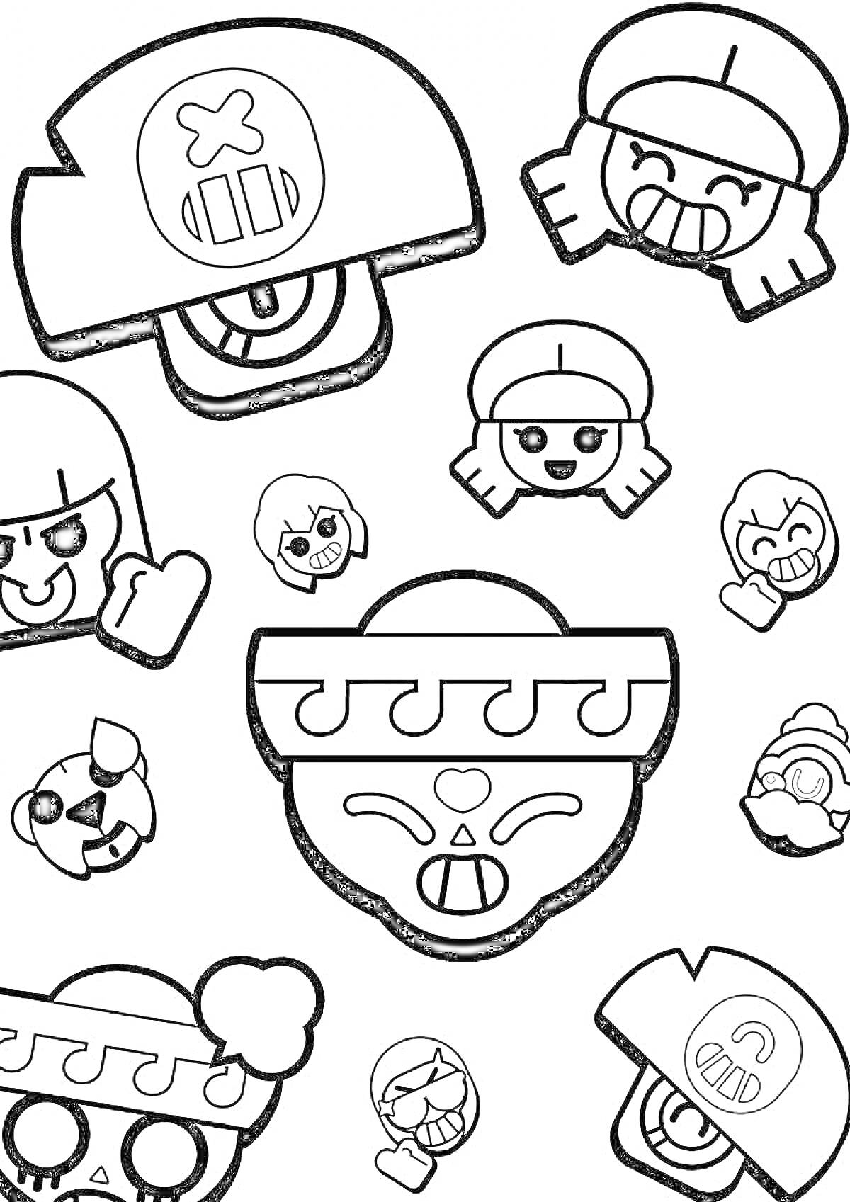 Раскраска Раскраска с эмодзи персонажей из игры Brawl Stars: шляпы, лица с разными выражениями, символы