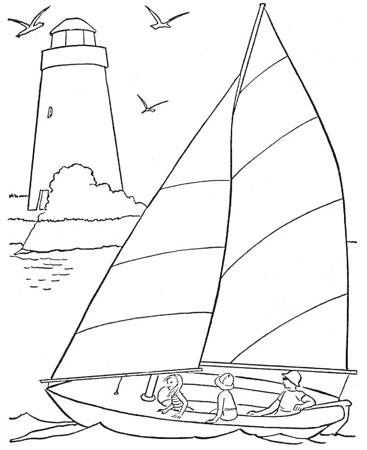 На раскраске изображено: Яхта, Вода, Маяк, Море, Природа