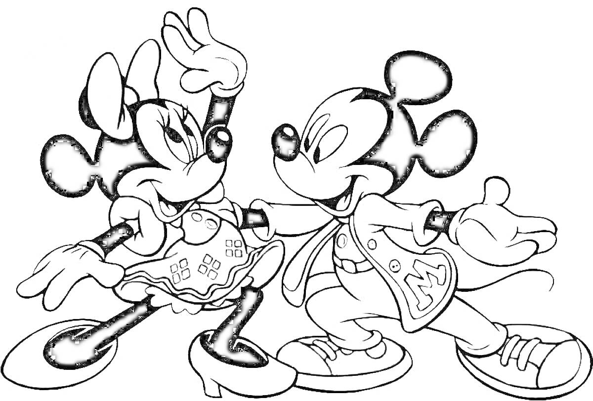Раскраска Микки Маус и Минни Маус танцуют в костюмах с бантами