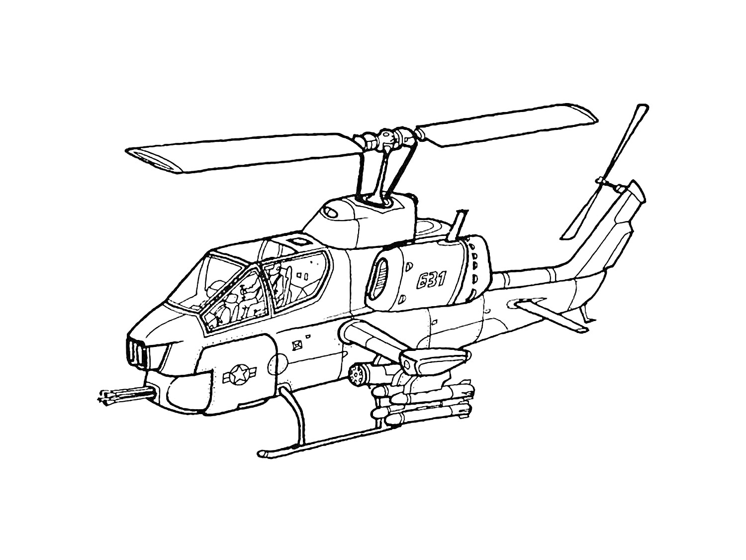 Боевой вертолет с деталями корпуса, пушкой, ракетами и пилоном