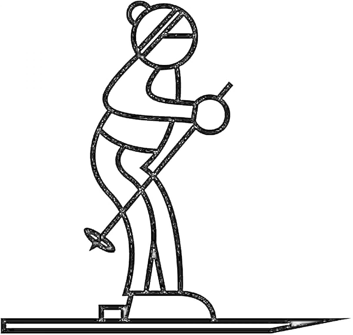 Раскраска Лыжник на спуске с лыжными палками и шапкой с помпоном