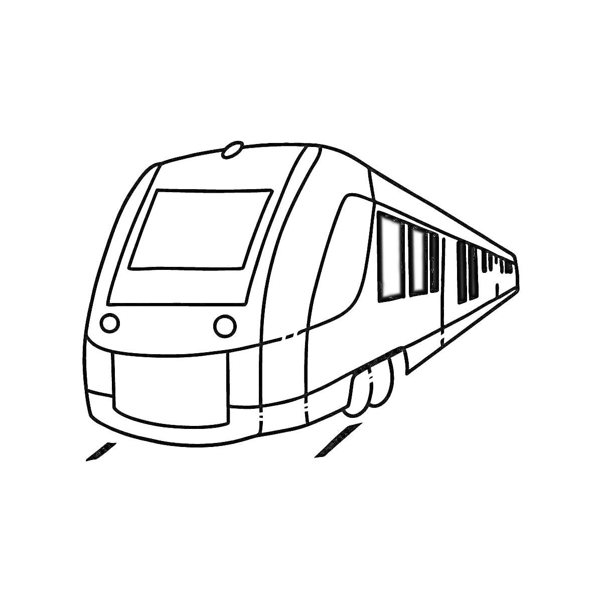 На раскраске изображено: Поезд, Железная дорога, Транспорт, Локомотив, Вагоны, Контурные рисунки