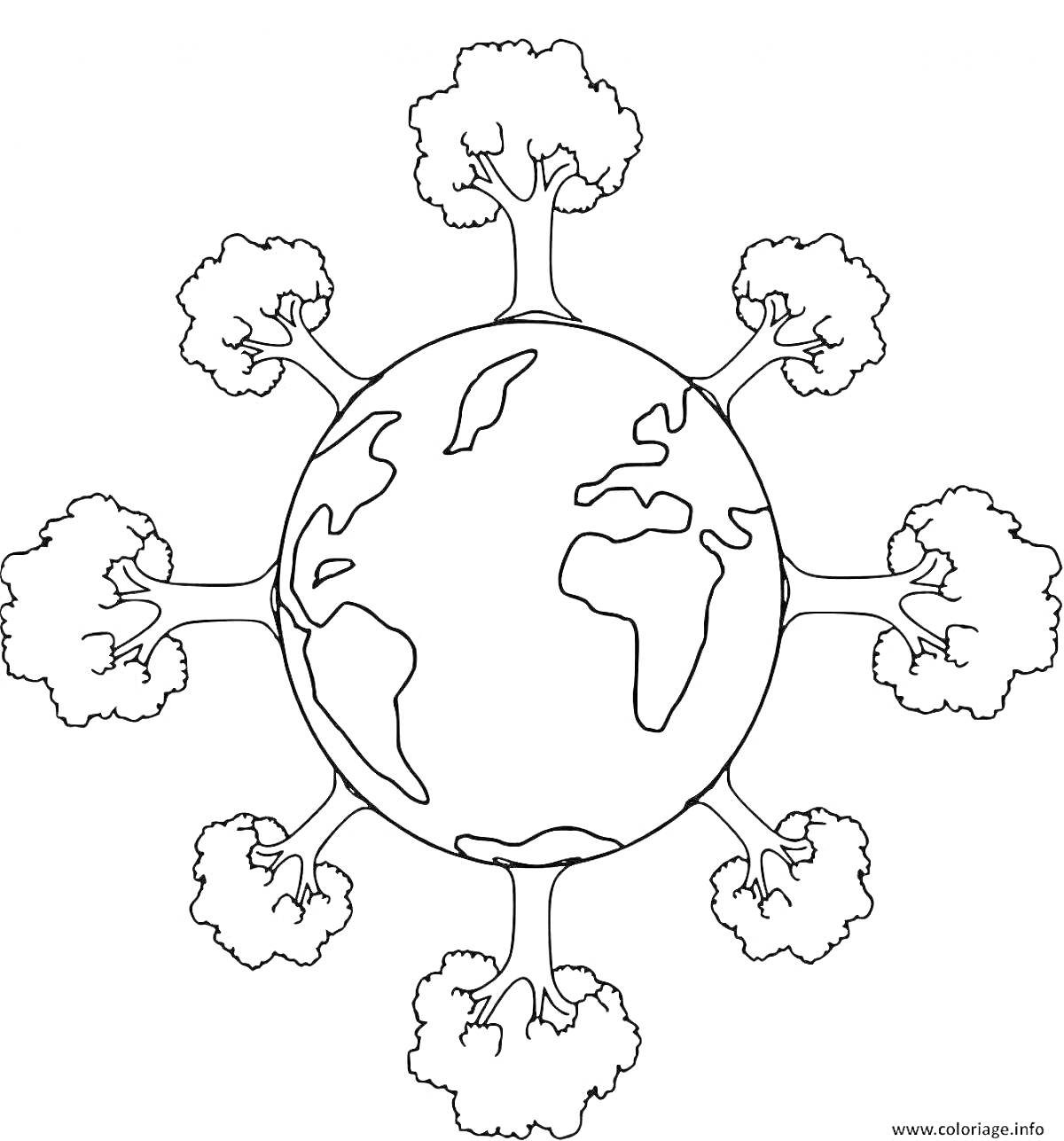 Раскраска Земной шар с деревьями по периметру