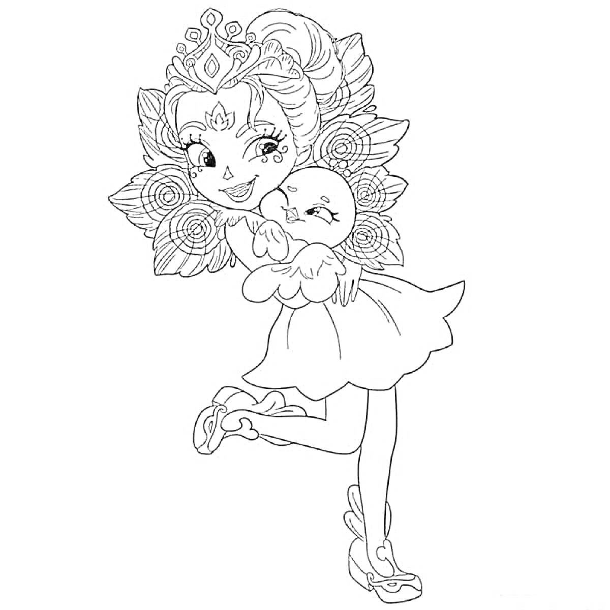 Раскраска Девочка из Энчантималс с совенком, цветочные украшения, корона.