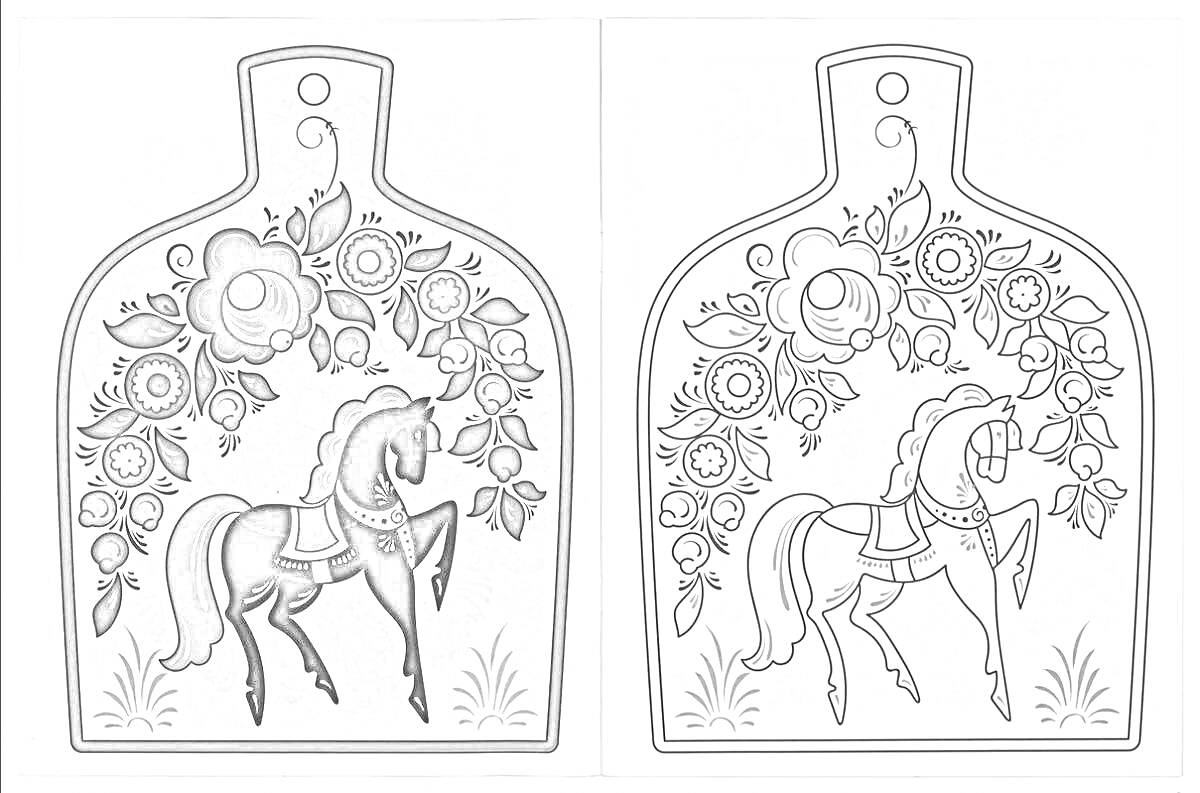 На раскраске изображено: Народное творчество, Лошадь, Цветы, Декорирование, Роспись