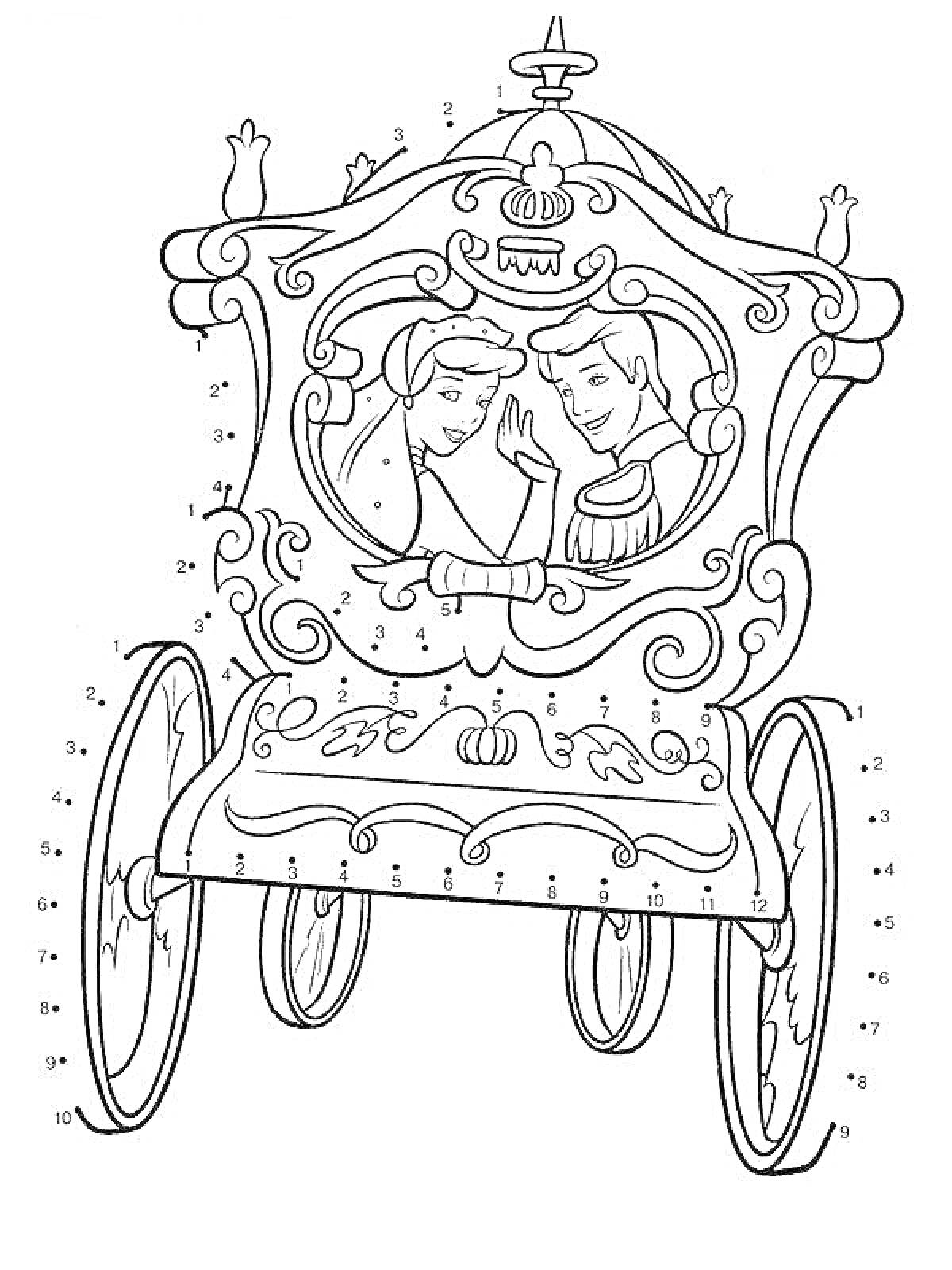 На раскраске изображено: Карета, Золушка, Принц, Корона, Виньетки, Колёса, Точки, Соединение