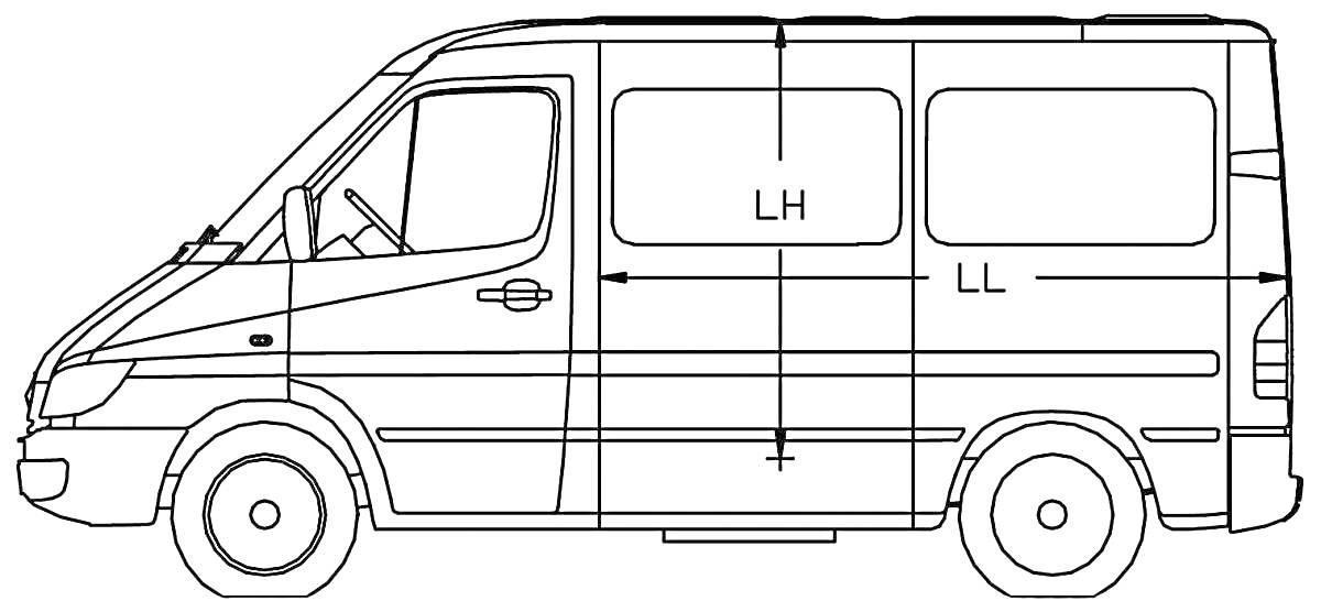 Раскраска черно-белый контур автобуса Mercedes, вид сбоку, обозначены размеры LH и LL, колеса, окна, двери -