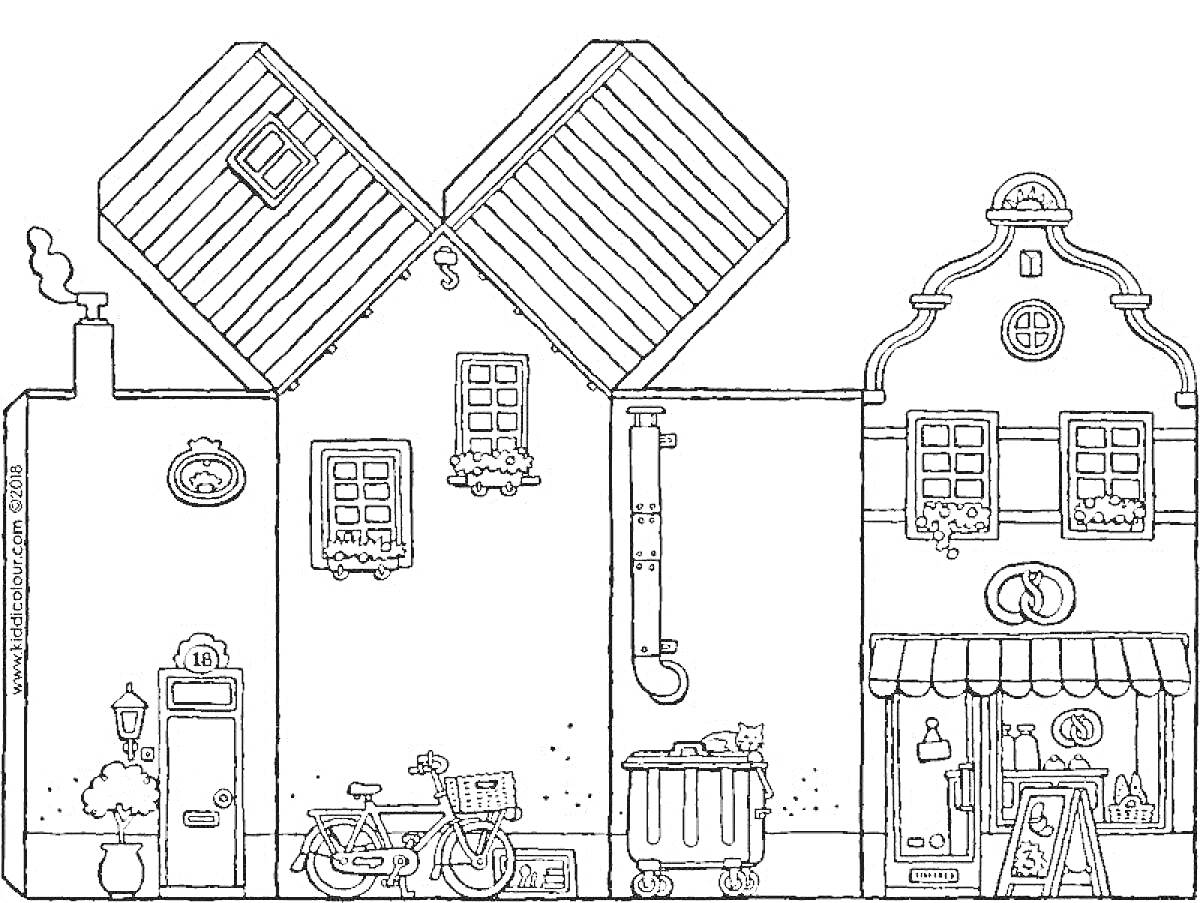 Раскраска Дом с корочками крышами-крышей и окнами. Стены с подвесным декором, входной дверью, велосипедом, мусорным баком, трубой и магазином с навесом.